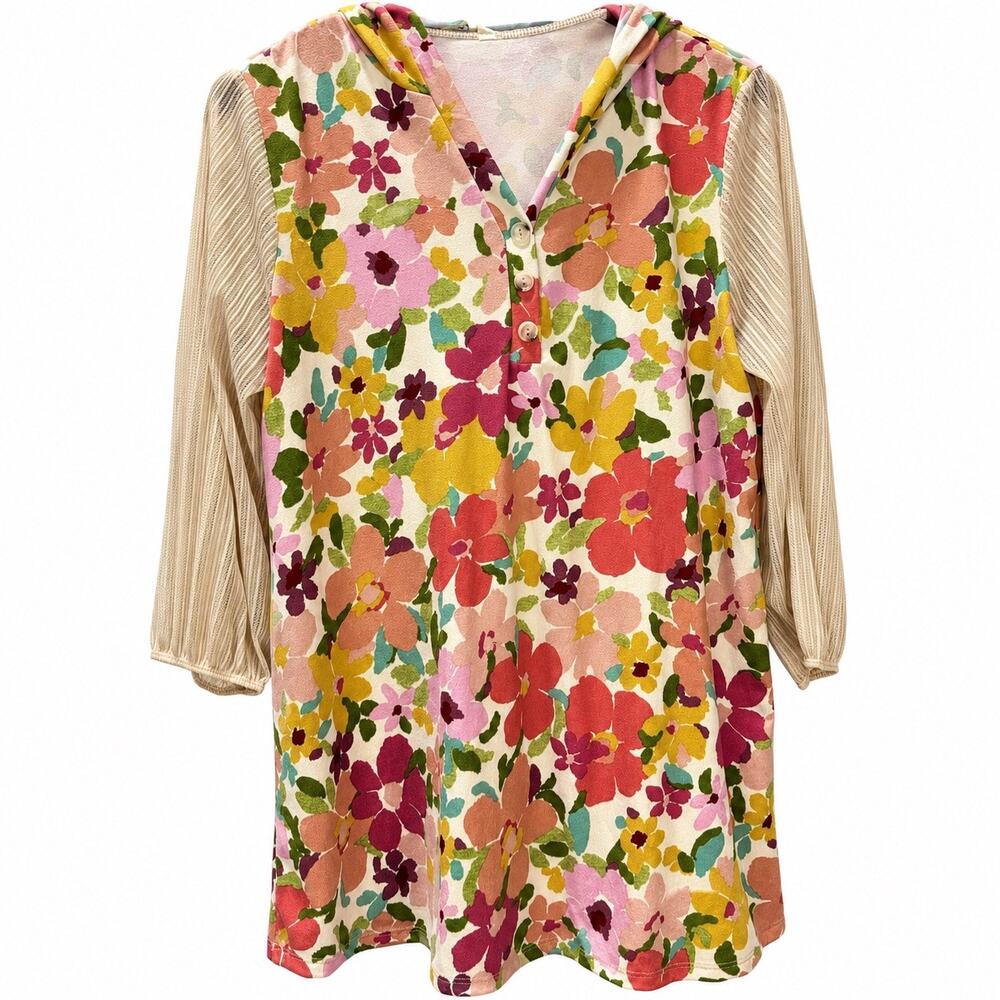Celeste Womens L Floral Hooded Tunic Top Sheer Sleeves Made in USA Boho